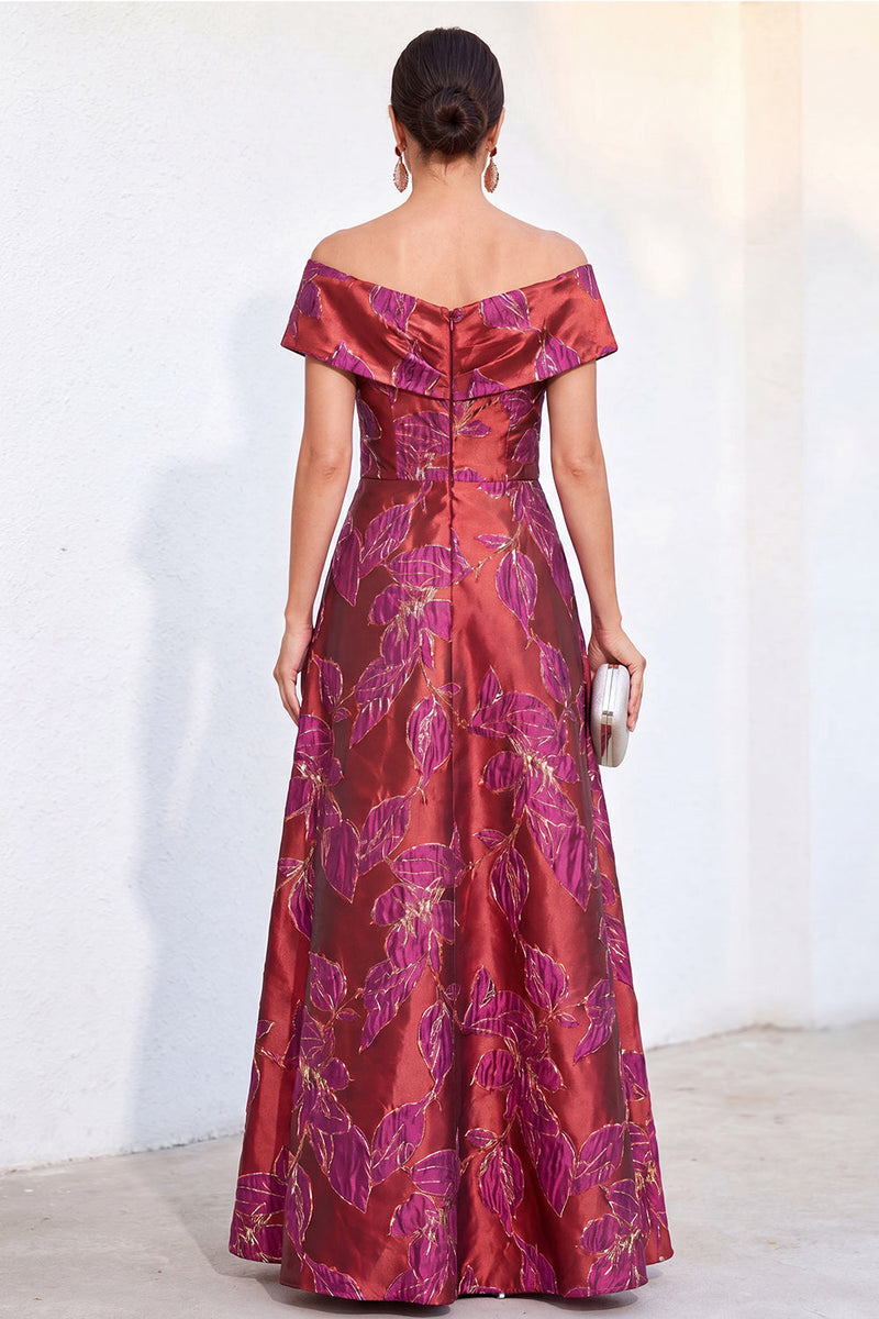 Laden Sie das Bild in den Galerie-Viewer, Goldene A-Linie schulterloses Jacquard-Blumen-Langkleid Mutter der Braut