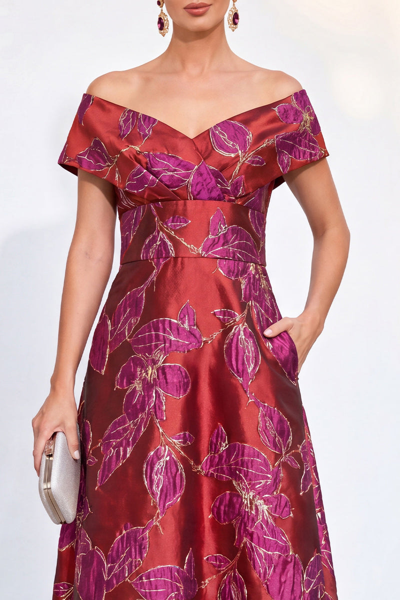 Laden Sie das Bild in den Galerie-Viewer, Goldene A-Linie schulterloses Jacquard-Blumen-Langkleid Mutter der Braut