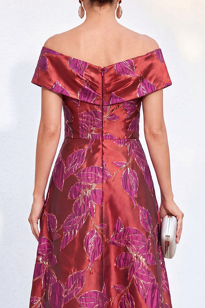 Laden Sie das Bild in den Galerie-Viewer, Goldene A-Linie schulterloses Jacquard-Blumen-Langkleid Mutter der Braut