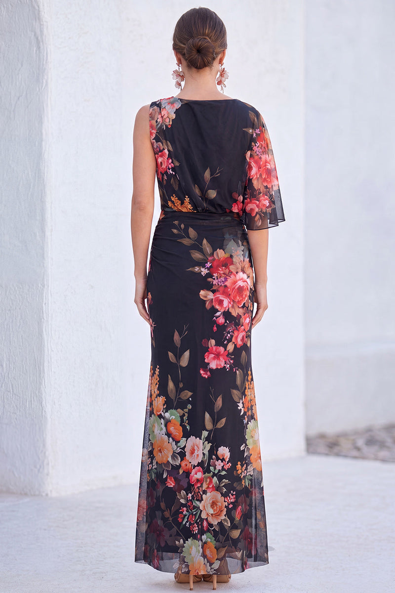 Laden Sie das Bild in den Galerie-Viewer, Blaue Blumen-Meerjungfrau-Chiffon-Bateau-Ausschnitt Langes Mutter-der-Braut-Kleid
