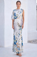 Laden Sie das Bild in den Galerie-Viewer, Blaue Blumen-Meerjungfrau-Chiffon-Bateau-Ausschnitt Langes Mutter-der-Braut-Kleid