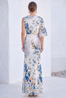 Blaue Blumen Meerjungfrau Chiffon Bateau-Ausschnitt Langes Mutter-der-Braut-Kleid
