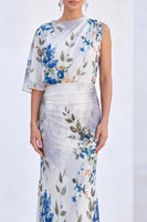 Laden Sie das Bild in den Galerie-Viewer, Blaue Blumen-Meerjungfrau-Chiffon-Bateau-Ausschnitt Langes Mutter-der-Braut-Kleid