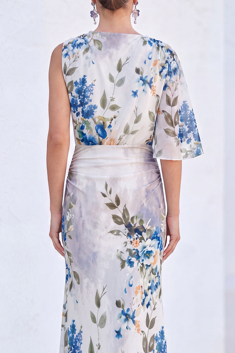 Laden Sie das Bild in den Galerie-Viewer, Blaue Blumen-Meerjungfrau-Chiffon-Bateau-Ausschnitt Langes Mutter-der-Braut-Kleid