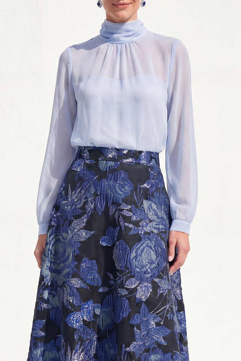 Laden Sie das Bild in den Galerie-Viewer, A-Linie lila zweiteiliges Midi-Mutter-der-Braut-Kleid mit hohem Halsausschnitt und langen Ärmeln