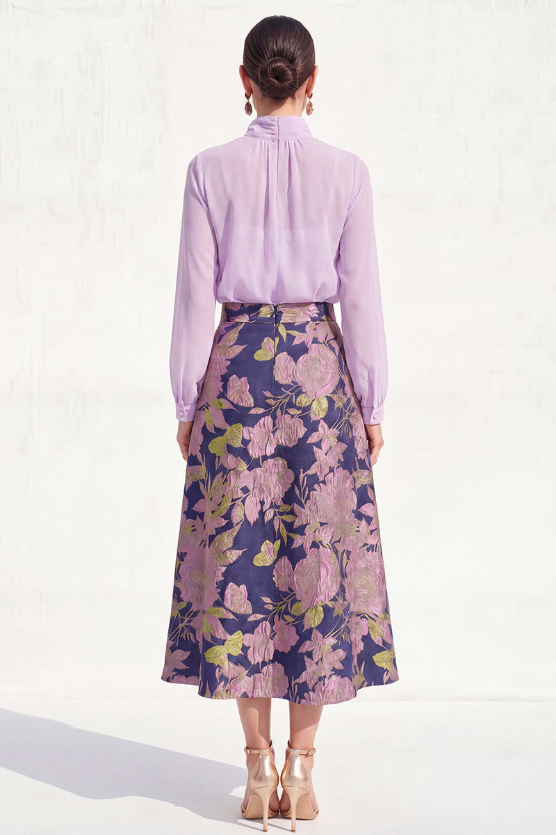 Laden Sie das Bild in den Galerie-Viewer, A-Linie lila zweiteiliges Midi-Mutter-der-Braut-Kleid mit hohem Halsausschnitt und langen Ärmeln