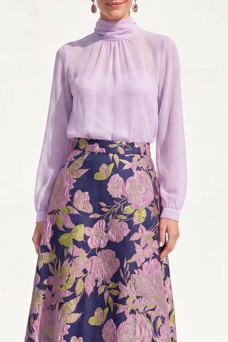 Laden Sie das Bild in den Galerie-Viewer, A-Linie lila zweiteiliges Midi-Mutter-der-Braut-Kleid mit hohem Halsausschnitt und langen Ärmeln