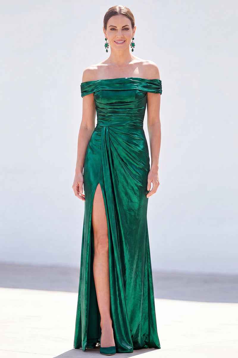 Laden Sie das Bild in den Galerie-Viewer, Dunkelgrüne Meerjungfrau, schulterlos gerafft, metallisches langes Mutter-der-Braut-Kleid mit Schlitz