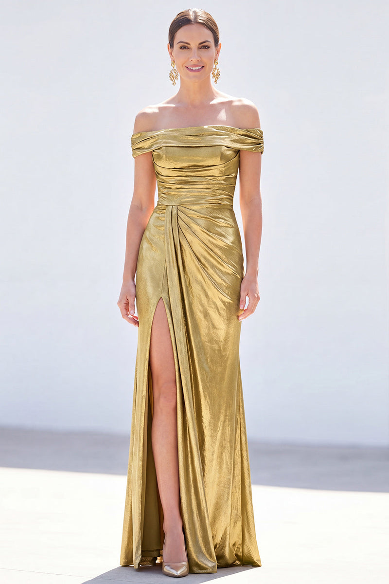 Laden Sie das Bild in den Galerie-Viewer, Dunkelgrüne Meerjungfrau, schulterlos gerafft, metallisches langes Mutter-der-Braut-Kleid mit Schlitz
