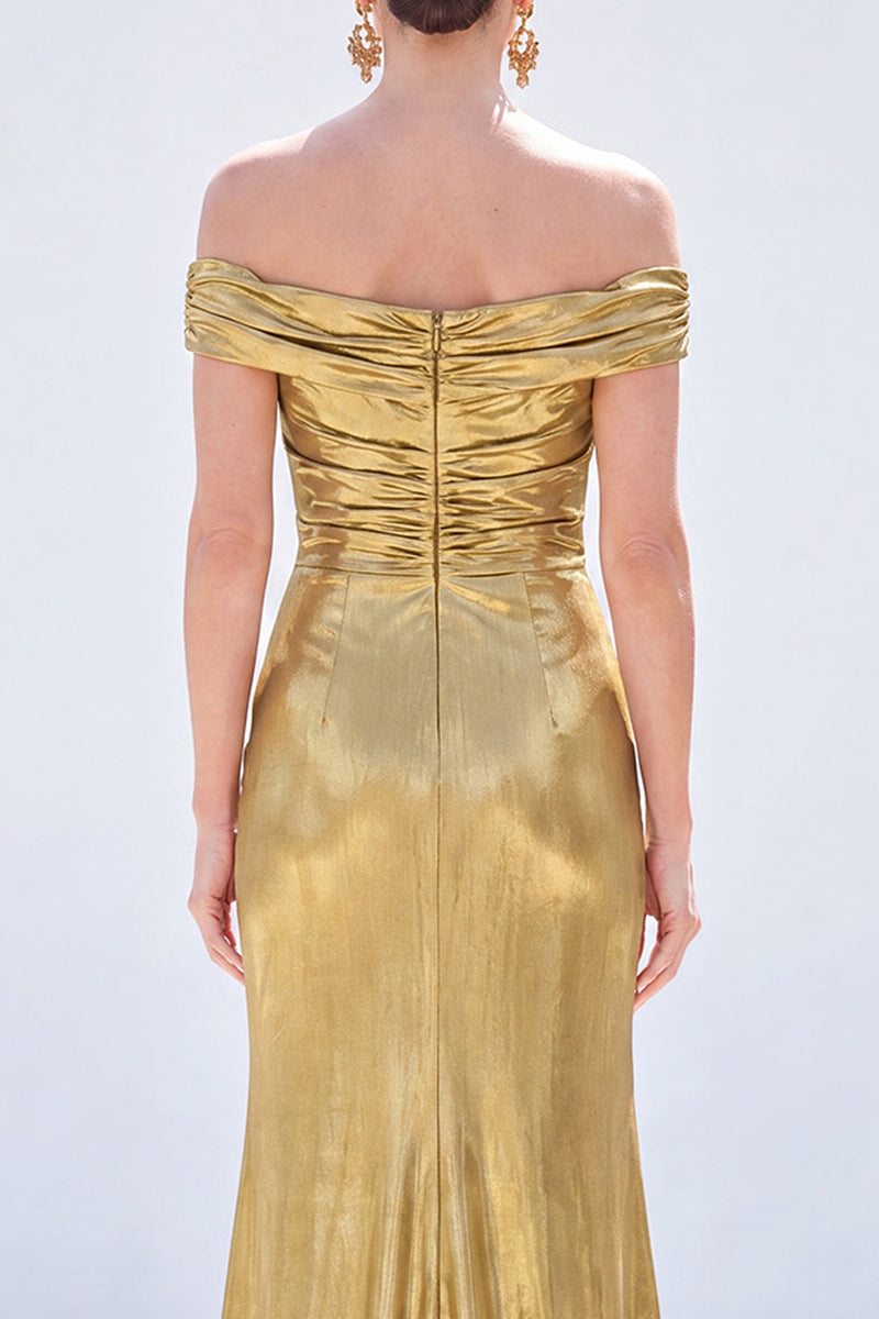 Laden Sie das Bild in den Galerie-Viewer, Dunkelgrüne Meerjungfrau, schulterlos gerafft, metallisches langes Mutter-der-Braut-Kleid mit Schlitz