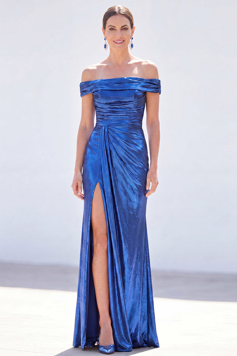 Laden Sie das Bild in den Galerie-Viewer, Dunkelgrüne Meerjungfrau, schulterlos gerafft, metallisches langes Mutter-der-Braut-Kleid mit Schlitz