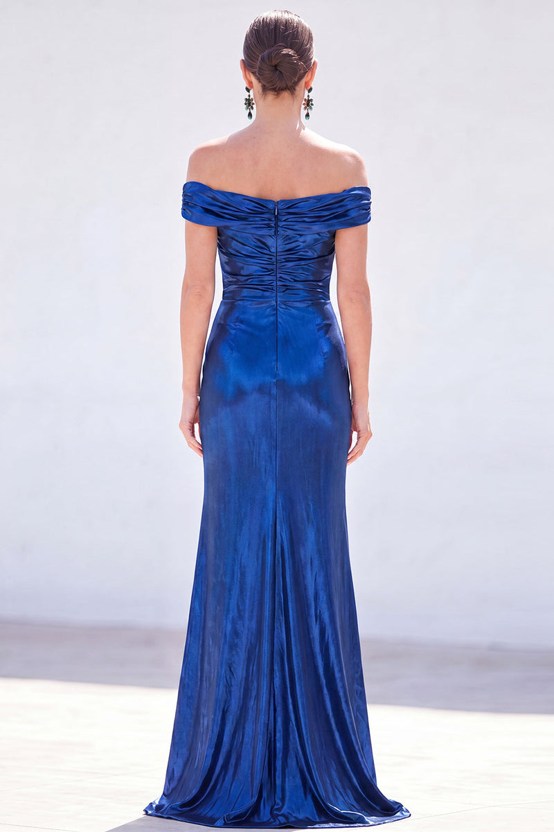 Laden Sie das Bild in den Galerie-Viewer, Dunkelgrüne Meerjungfrau, schulterlos gerafft, metallisches langes Mutter-der-Braut-Kleid mit Schlitz