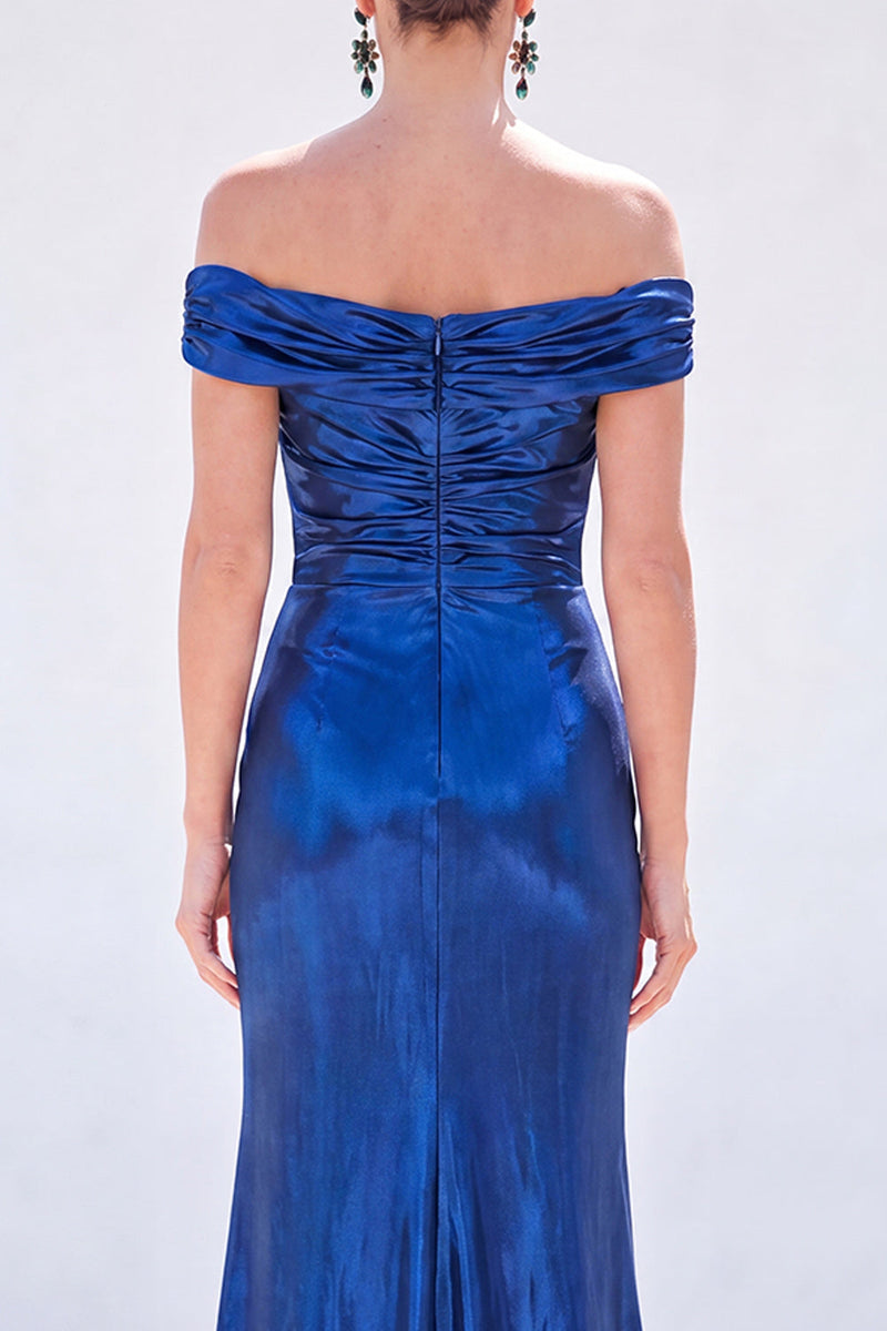 Laden Sie das Bild in den Galerie-Viewer, Dunkelgrüne Meerjungfrau, schulterlos gerafft, metallisches langes Mutter-der-Braut-Kleid mit Schlitz