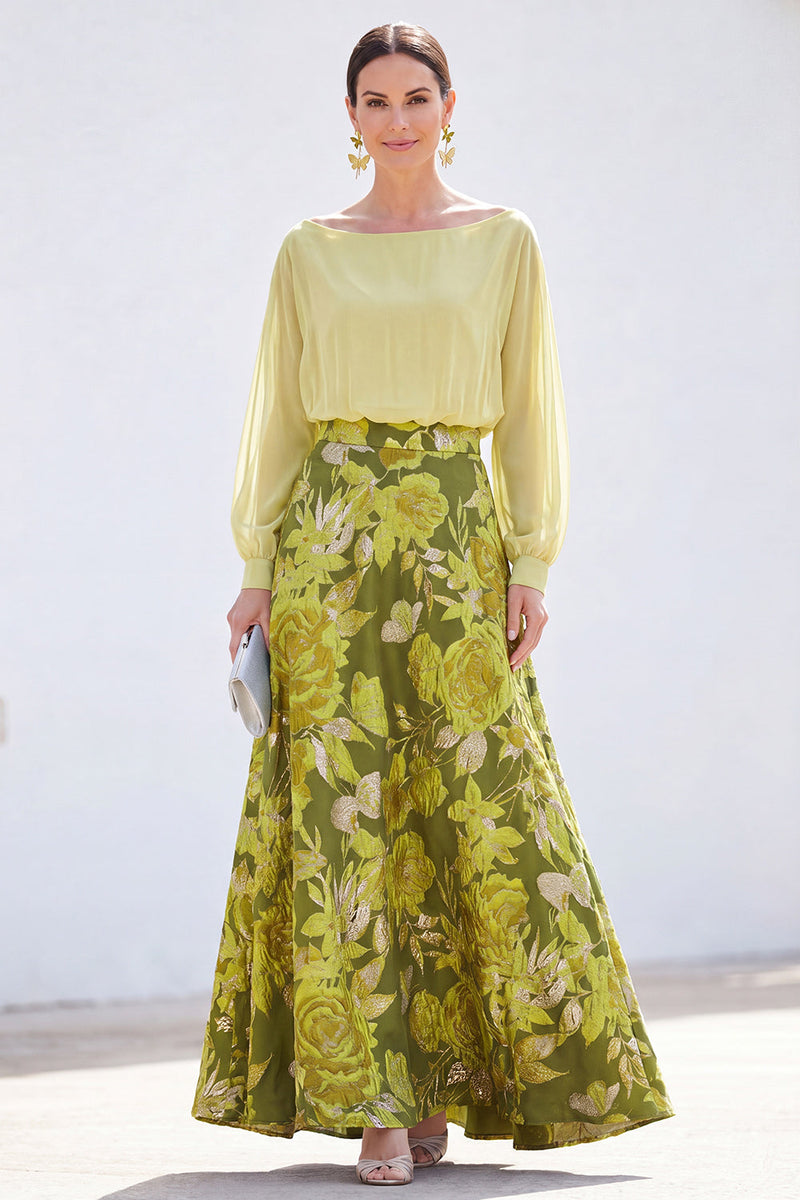 Laden Sie das Bild in den Galerie-Viewer, Grünes A-Linien-Bateau-Ausschnitt mit zweiteiligem Jacquard-Blumen-Langkleid zur Mutter der Braut