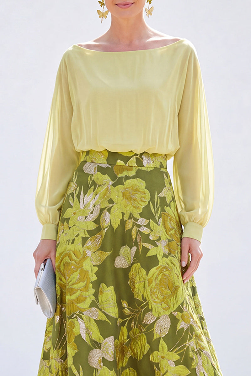 Laden Sie das Bild in den Galerie-Viewer, Grünes A-Linien-Bateau-Ausschnitt mit zweiteiligem Jacquard-Blumen-Langkleid zur Mutter der Braut