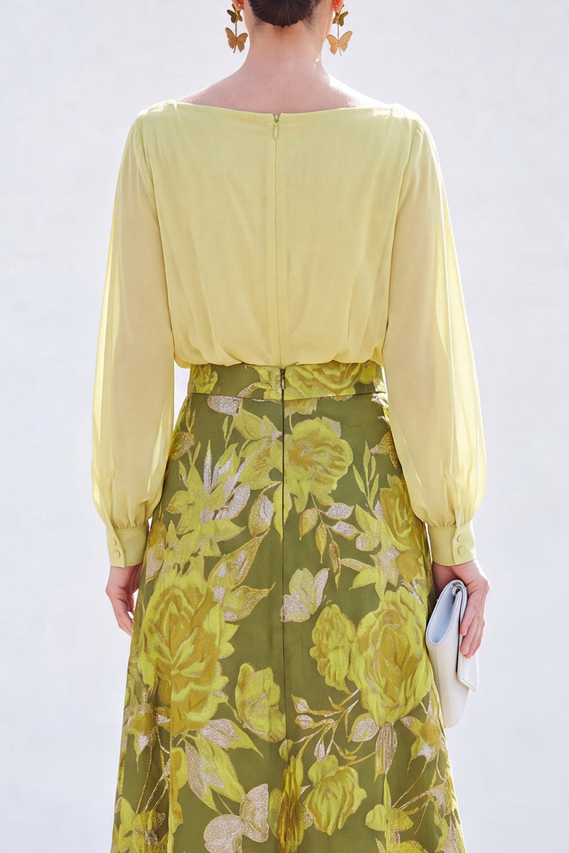 Laden Sie das Bild in den Galerie-Viewer, Grünes A-Linien-Bateau-Ausschnitt mit zweiteiligem Jacquard-Blumen-Langkleid zur Mutter der Braut