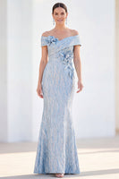 Laden Sie das Bild in den Galerie-Viewer, Meerjungfrauen-Königsblau schulterlanges Mutter-der-der-Braut-Kleid mit 3D-Blumen