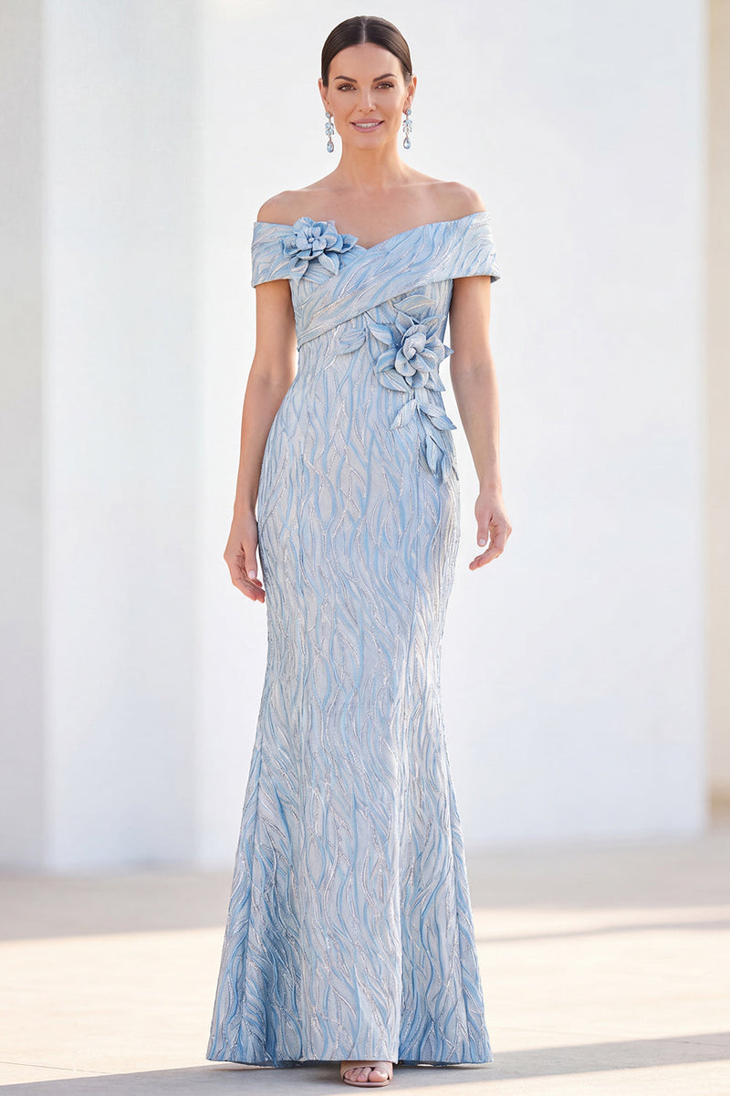 Laden Sie das Bild in den Galerie-Viewer, Meerjungfrauen-Königsblau schulterlanges Mutter-der-der-Braut-Kleid mit 3D-Blumen