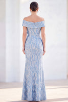 Laden Sie das Bild in den Galerie-Viewer, Meerjungfrauen-Königsblau schulterlanges Mutter-der-der-Braut-Kleid mit 3D-Blumen