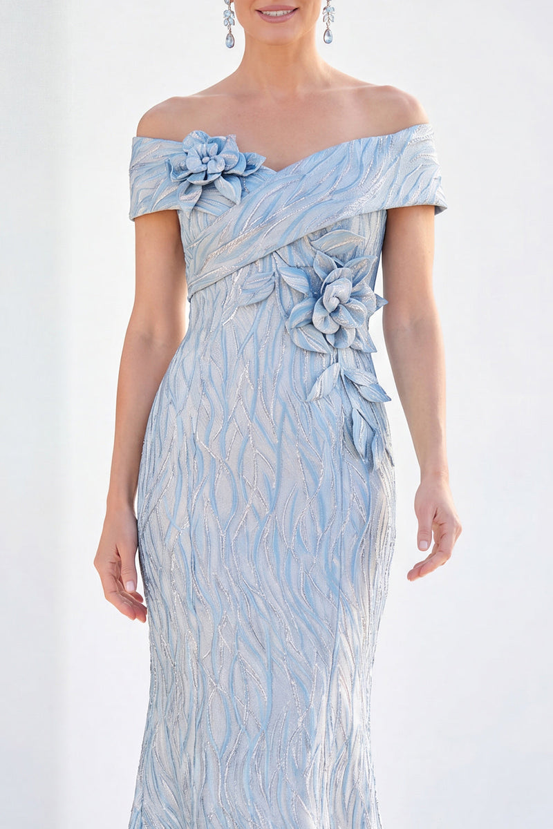 Laden Sie das Bild in den Galerie-Viewer, Meerjungfrauen-Königsblau schulterlanges Mutter-der-der-Braut-Kleid mit 3D-Blumen