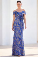 Laden Sie das Bild in den Galerie-Viewer, Meerjungfrauen-Königsblau schulterlanges Mutter-der-der-Braut-Kleid mit 3D-Blumen