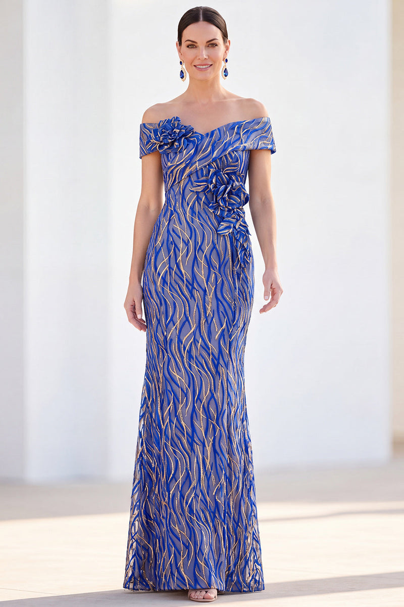 Laden Sie das Bild in den Galerie-Viewer, Meerjungfrauen-Königsblau schulterlanges Mutter-der-der-Braut-Kleid mit 3D-Blumen