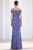 Laden Sie das Bild in den Galerie-Viewer, Meerjungfrauen-Königsblau schulterlanges Mutter-der-der-Braut-Kleid mit 3D-Blumen