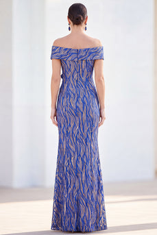 Meerjungfrauen Königsblaues Schulterfreies Langes Mutter-der-Braut-Kleid mit 3D-Blumen