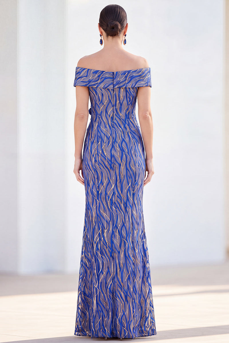 Laden Sie das Bild in den Galerie-Viewer, Meerjungfrauen-Königsblau schulterlanges Mutter-der-der-Braut-Kleid mit 3D-Blumen