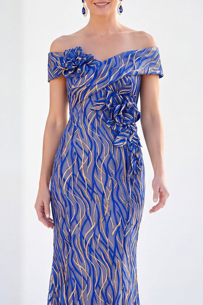 Laden Sie das Bild in den Galerie-Viewer, Meerjungfrauen-Königsblau schulterlanges Mutter-der-der-Braut-Kleid mit 3D-Blumen
