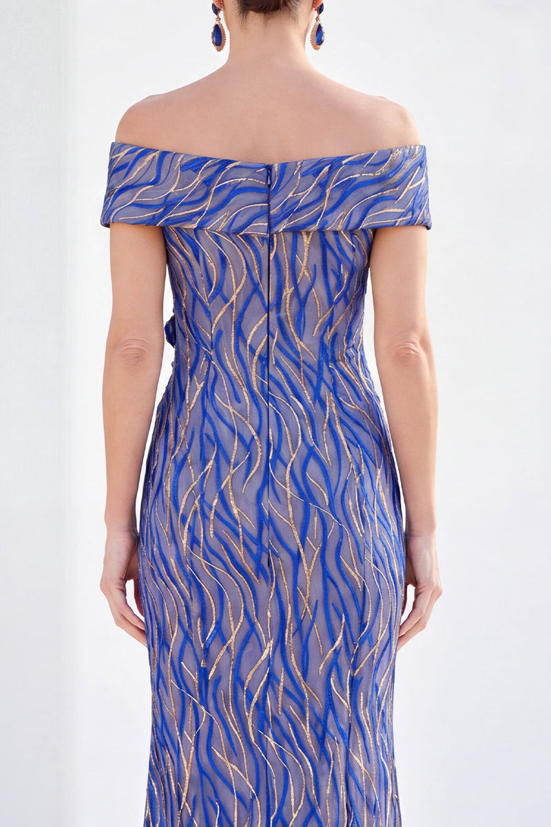 Laden Sie das Bild in den Galerie-Viewer, Meerjungfrauen-Königsblau schulterlanges Mutter-der-der-Braut-Kleid mit 3D-Blumen