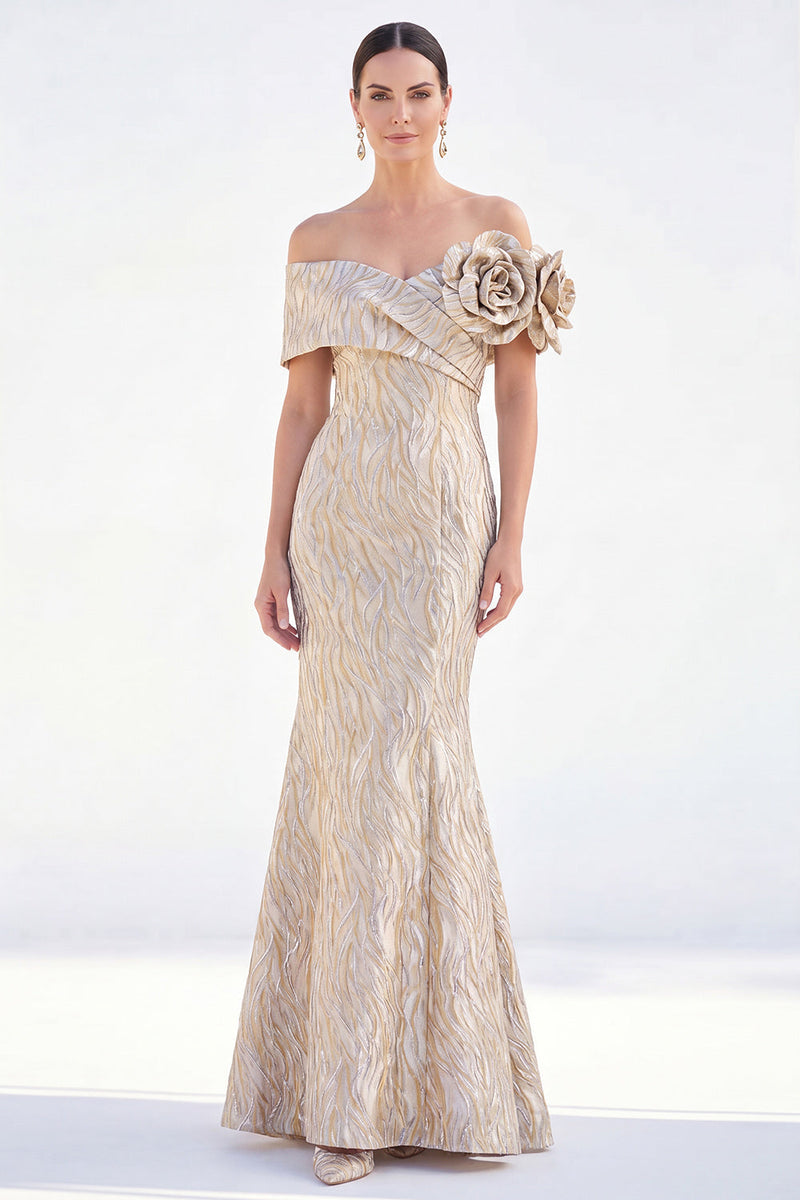 Laden Sie das Bild in den Galerie-Viewer, Schulterloses Meerjungfrauen-Umkleid mit golden, gerafftem langen Mutter-der-Braut-Kleid mit 3D-Blumen