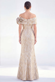 Schulterloses Meerjungfrauen Golden Gerafftes Langes Mutter-der-Braut-Kleid mit 3D-Blumen