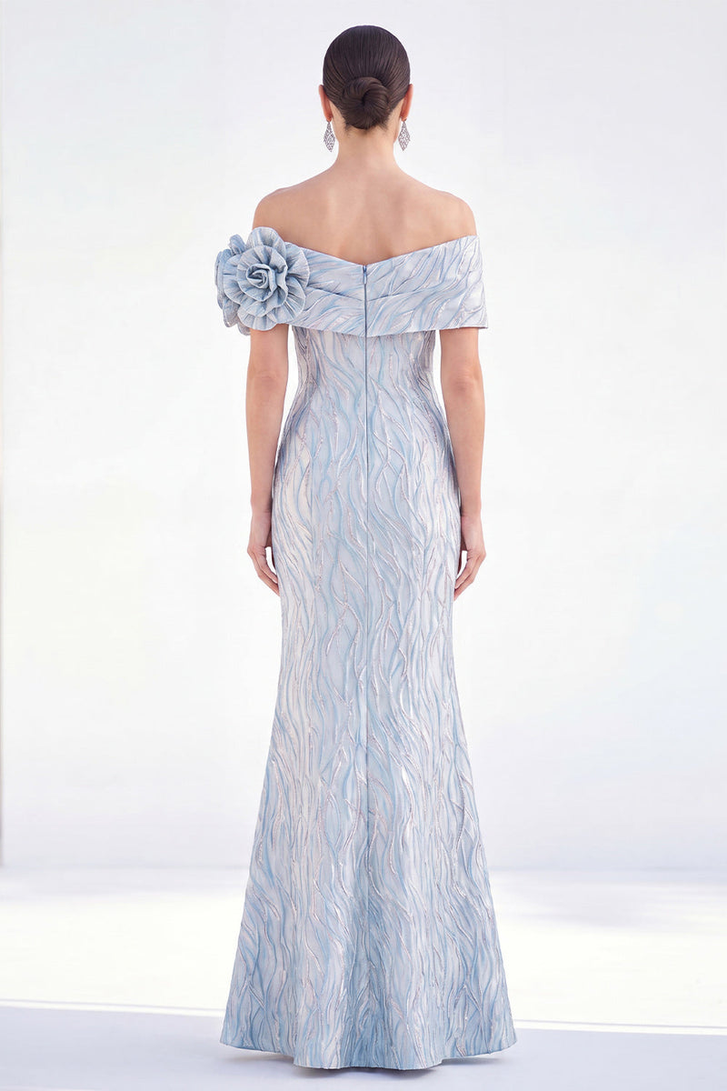 Laden Sie das Bild in den Galerie-Viewer, Schulterloses Meerjungfrauen-Umkleid mit golden, gerafftem langen Mutter-der-Braut-Kleid mit 3D-Blumen