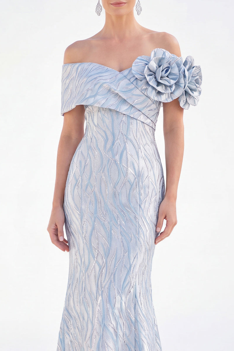 Laden Sie das Bild in den Galerie-Viewer, Schulterloses Meerjungfrauen-Umkleid mit golden, gerafftem langen Mutter-der-Braut-Kleid mit 3D-Blumen