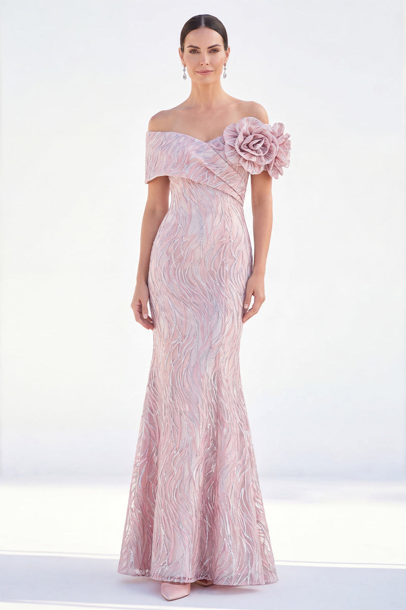 Laden Sie das Bild in den Galerie-Viewer, Schulterloses Meerjungfrauen-Umkleid mit golden, gerafftem langen Mutter-der-Braut-Kleid mit 3D-Blumen
