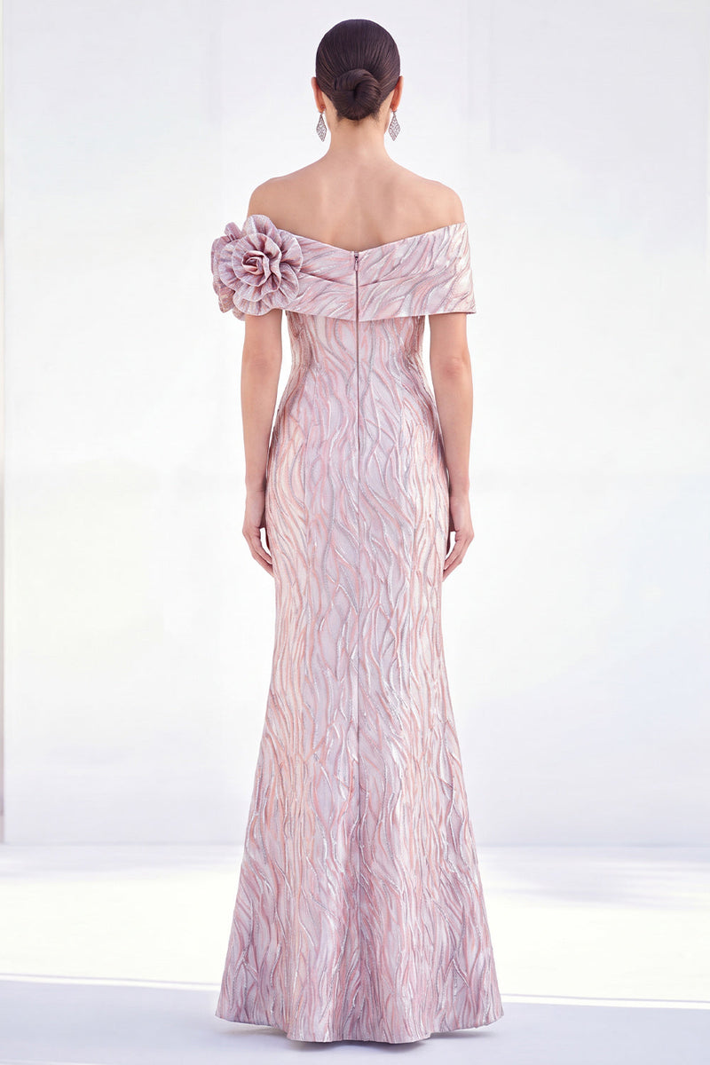 Laden Sie das Bild in den Galerie-Viewer, Schulterloses Meerjungfrauen-Umkleid mit golden, gerafftem langen Mutter-der-Braut-Kleid mit 3D-Blumen