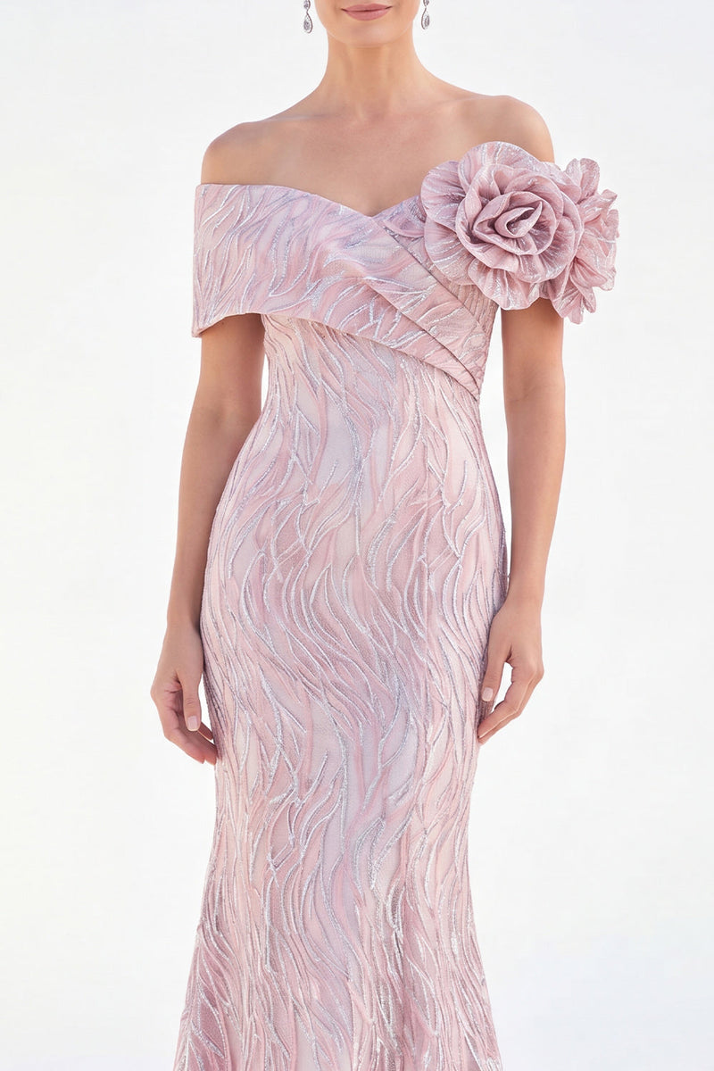 Laden Sie das Bild in den Galerie-Viewer, Schulterloses Meerjungfrauen-Umkleid mit golden, gerafftem langen Mutter-der-Braut-Kleid mit 3D-Blumen