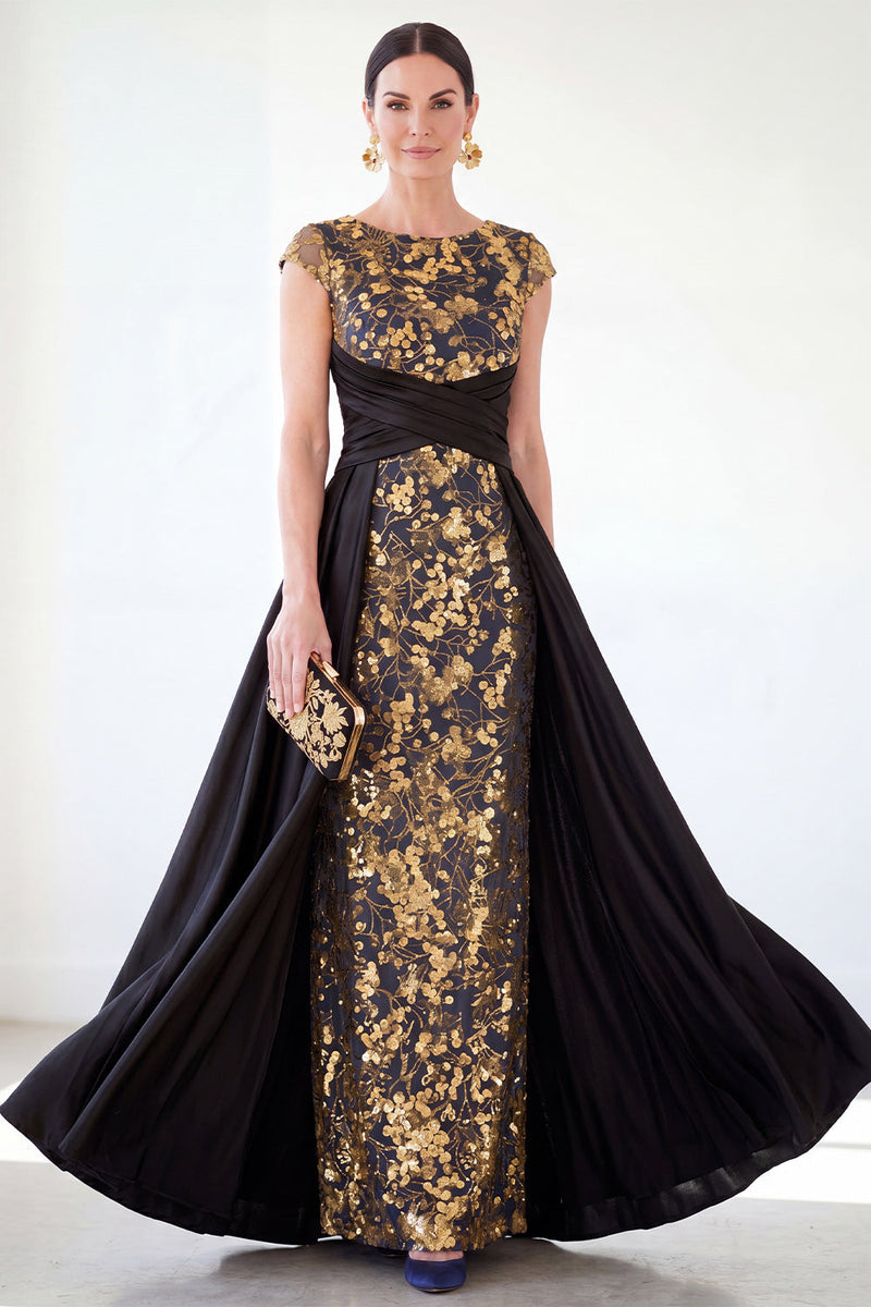 Laden Sie das Bild in den Galerie-Viewer, Dunkelgrünes A-Linien-Pailletten-Pailletten-Langes Mutter-der-der-Braut-Kleid mit Mützenärmeln