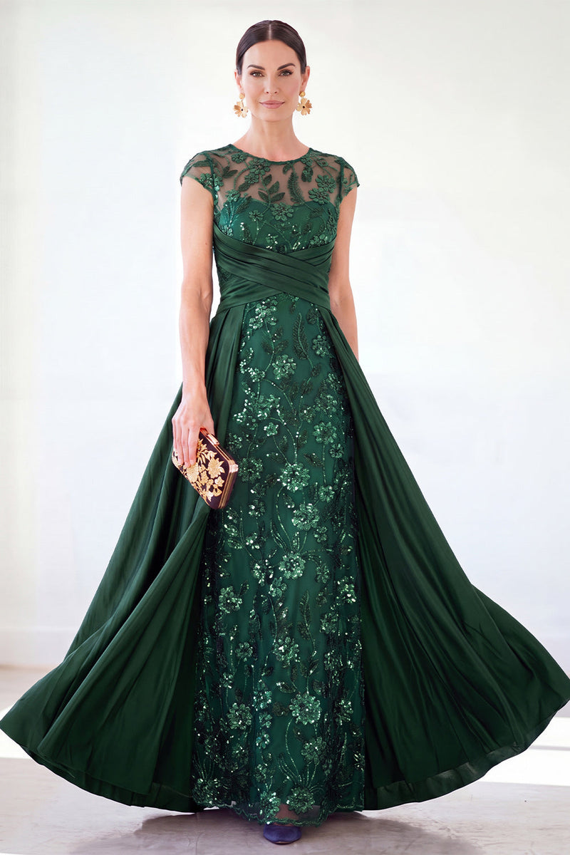 Laden Sie das Bild in den Galerie-Viewer, Dunkelgrünes A-Linien-Pailletten-Pailletten-Langes Mutter-der-der-Braut-Kleid mit Mützenärmeln