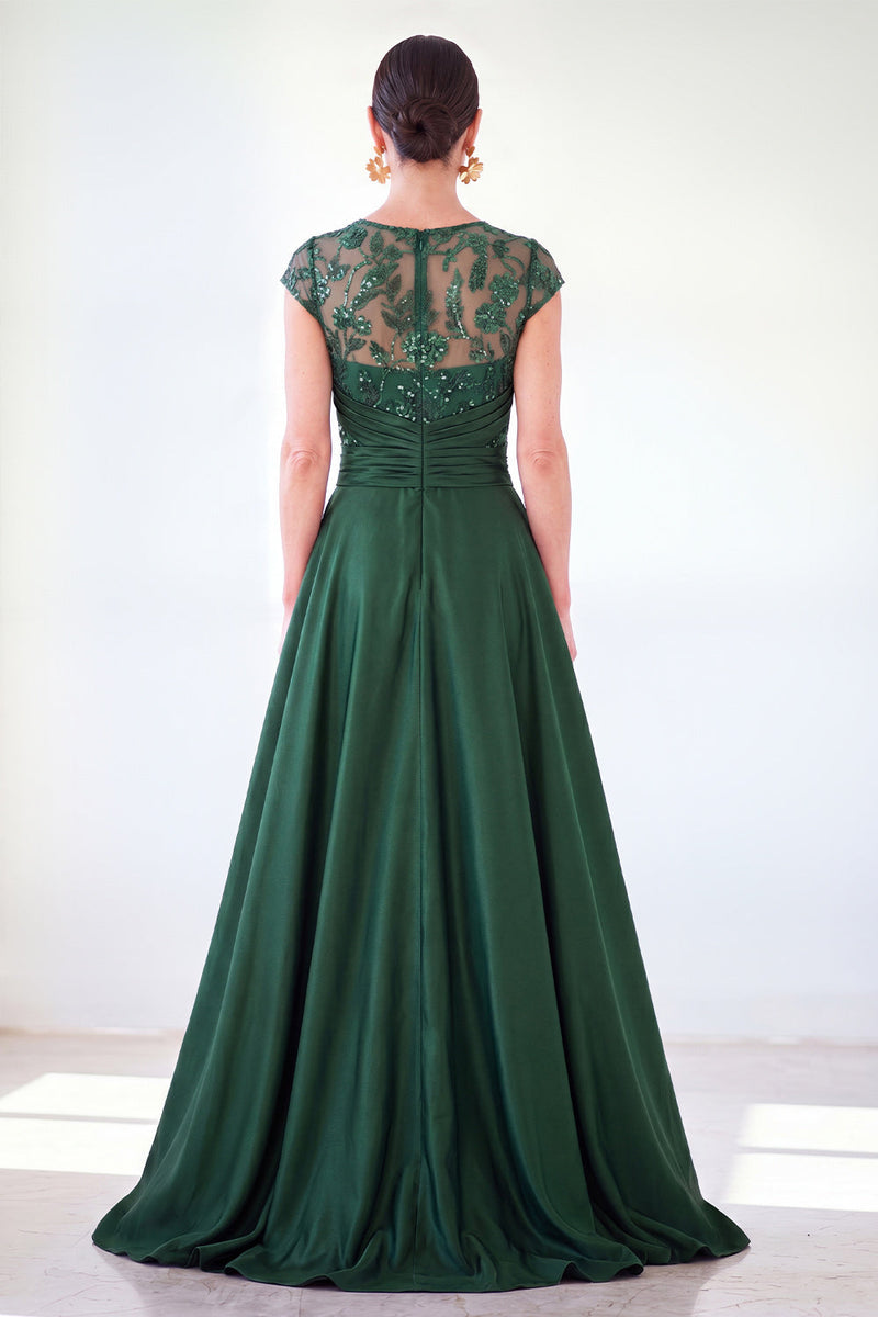 Laden Sie das Bild in den Galerie-Viewer, Dunkelgrünes A-Linien-Pailletten-Pailletten-Langes Mutter-der-der-Braut-Kleid mit Mützenärmeln
