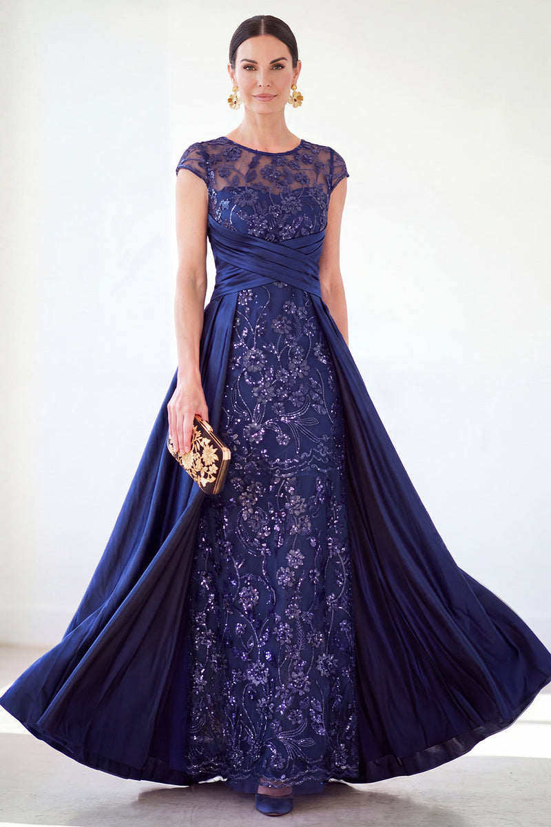 Laden Sie das Bild in den Galerie-Viewer, Dunkelgrünes A-Linien-Pailletten-Pailletten-Langes Mutter-der-der-Braut-Kleid mit Mützenärmeln