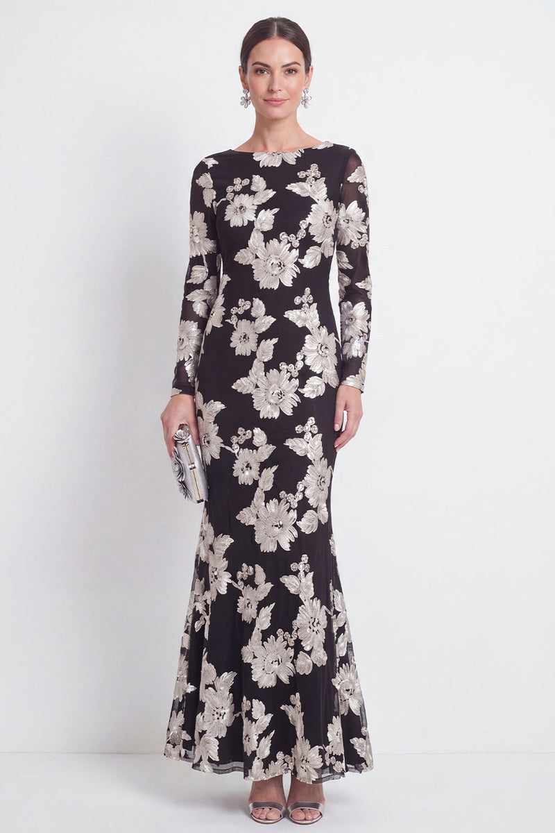 Laden Sie das Bild in den Galerie-Viewer, Meerjungfrauen-Schwarzer Bateau-Ausschnitt mit Blumen – Langes Mutter-der-der-Braut-Kleid mit Stickerei