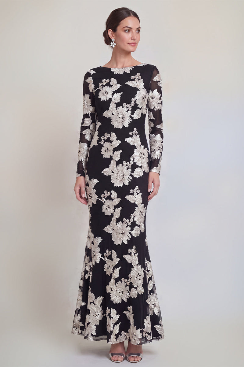 Laden Sie das Bild in den Galerie-Viewer, Meerjungfrauen-Schwarzer Bateau-Ausschnitt mit Blumen – Langes Mutter-der-der-Braut-Kleid mit Stickerei