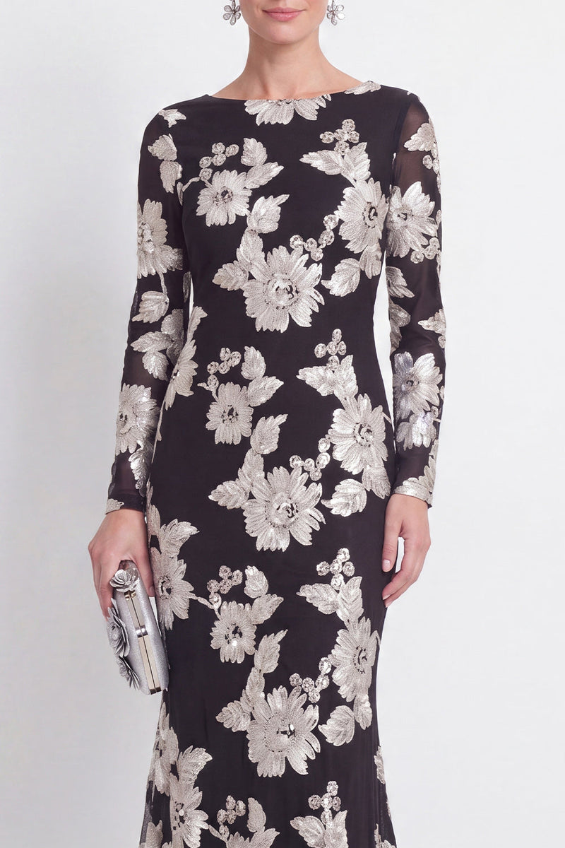 Laden Sie das Bild in den Galerie-Viewer, Meerjungfrauen-Schwarzer Bateau-Ausschnitt mit Blumen – Langes Mutter-der-der-Braut-Kleid mit Stickerei