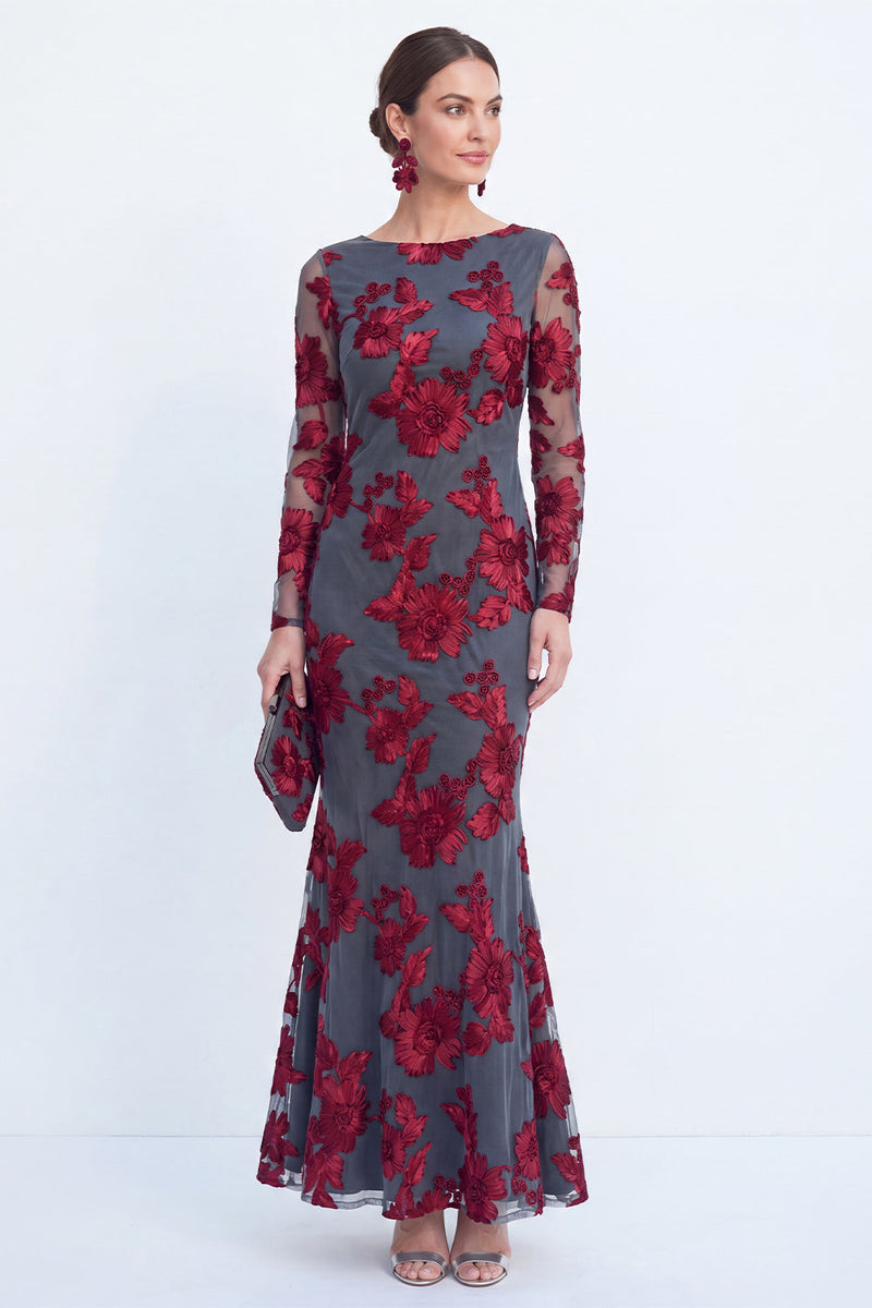 Laden Sie das Bild in den Galerie-Viewer, Meerjungfrauen-Schwarzer Bateau-Ausschnitt mit Blumen – Langes Mutter-der-der-Braut-Kleid mit Stickerei