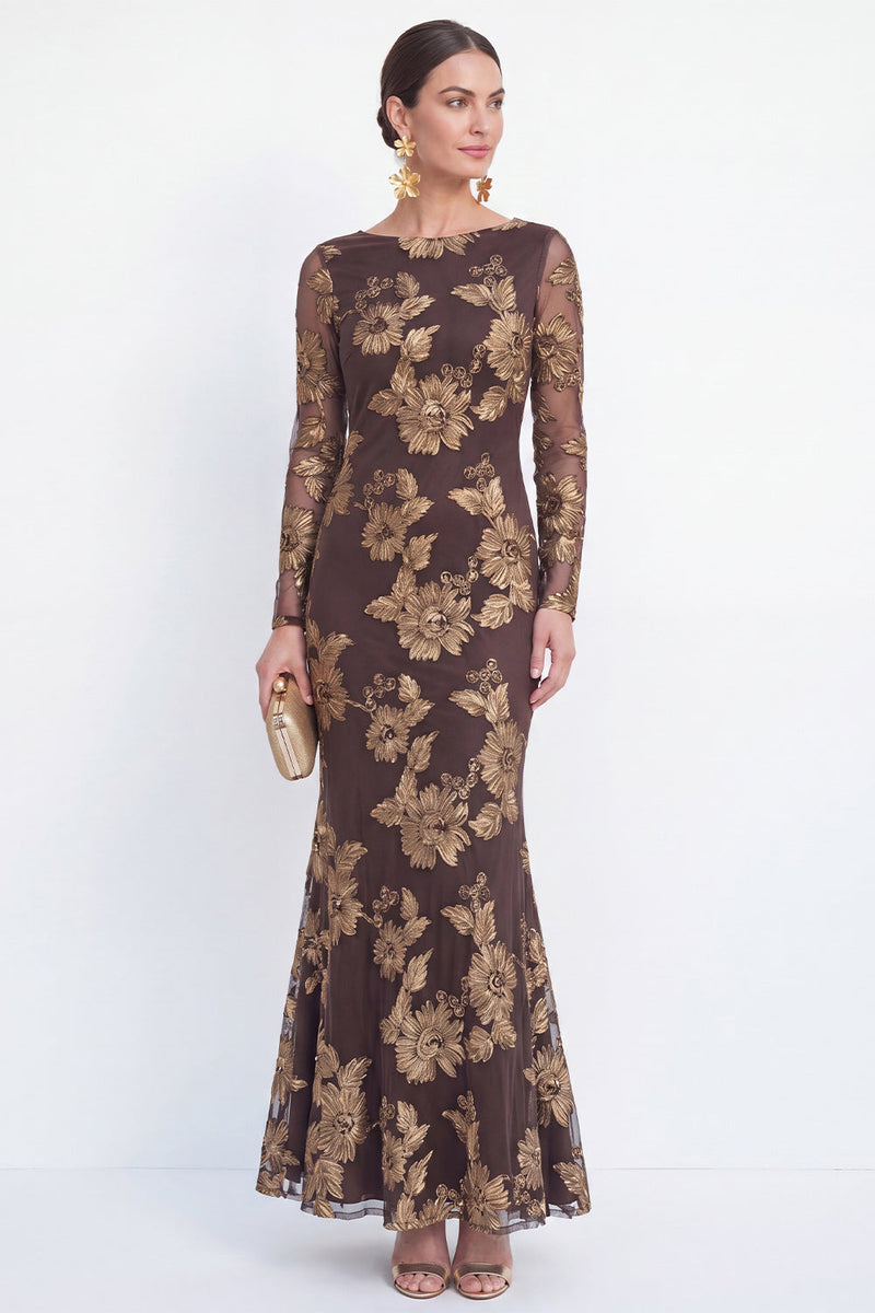 Laden Sie das Bild in den Galerie-Viewer, Meerjungfrauen-Schwarzer Bateau-Ausschnitt mit Blumen – Langes Mutter-der-der-Braut-Kleid mit Stickerei