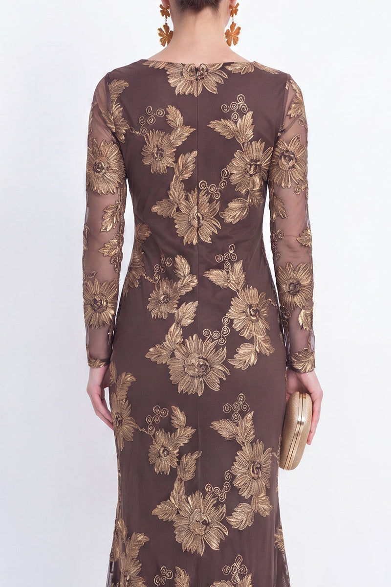 Laden Sie das Bild in den Galerie-Viewer, Meerjungfrauen-Schwarzer Bateau-Ausschnitt mit Blumen – Langes Mutter-der-der-Braut-Kleid mit Stickerei