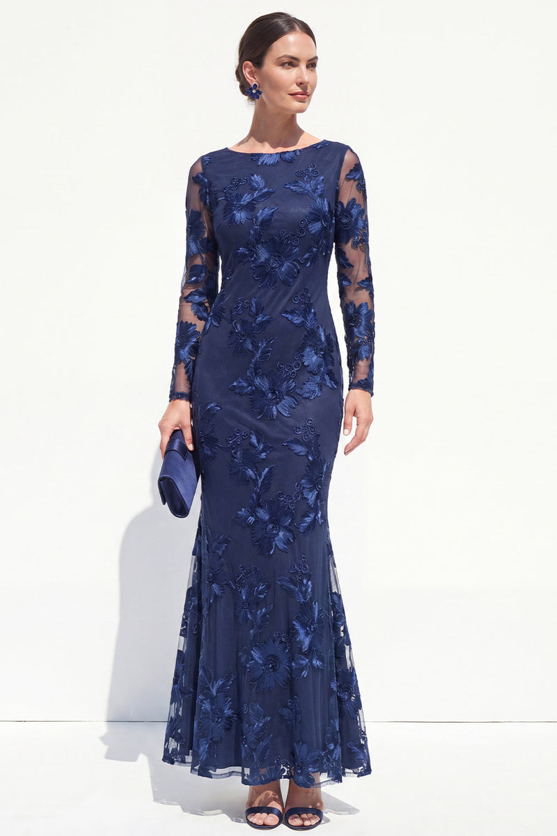 Laden Sie das Bild in den Galerie-Viewer, Meerjungfrauen-Schwarzer Bateau-Ausschnitt mit Blumen – Langes Mutter-der-der-Braut-Kleid mit Stickerei