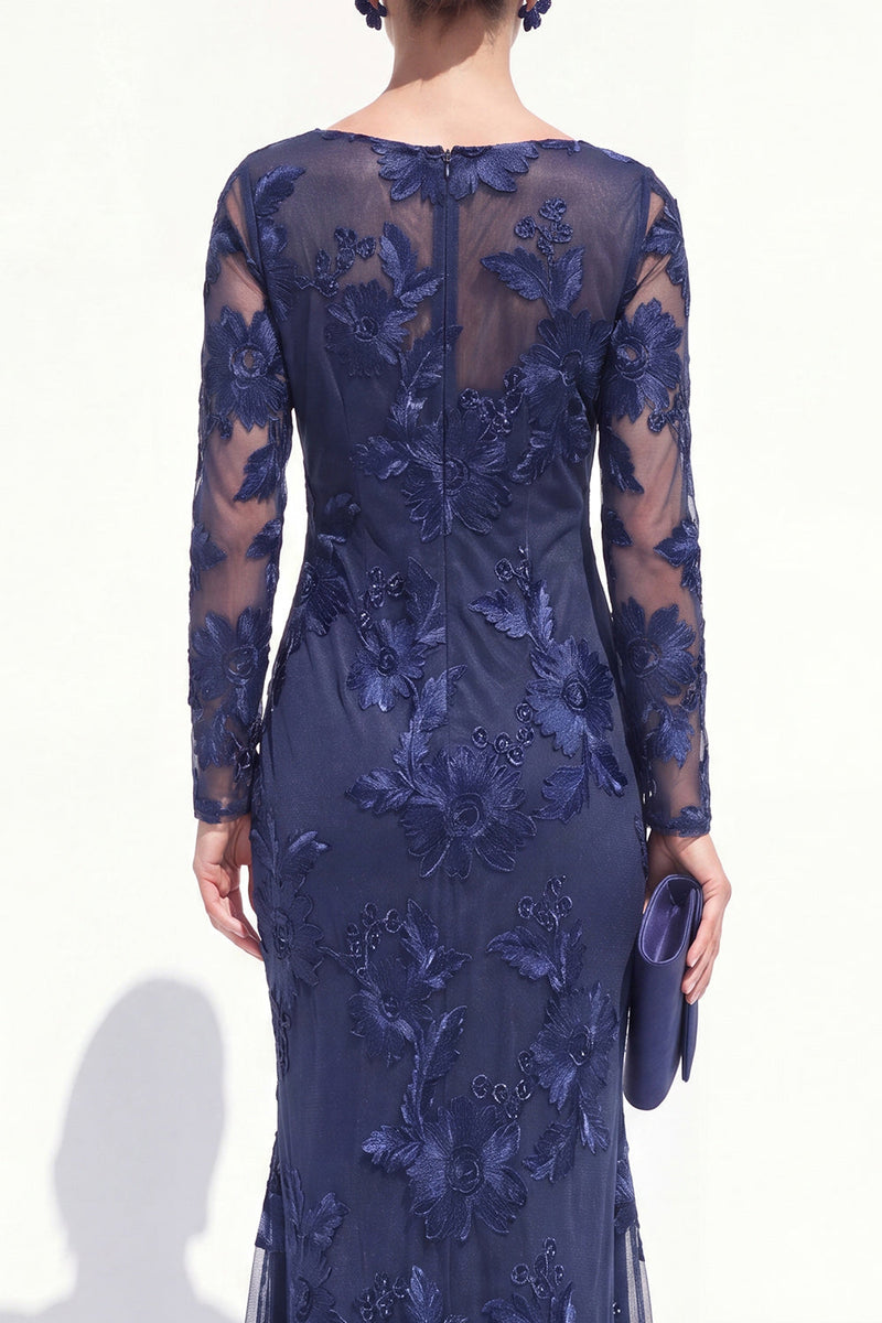 Laden Sie das Bild in den Galerie-Viewer, Meerjungfrauen-Schwarzer Bateau-Ausschnitt mit Blumen – Langes Mutter-der-der-Braut-Kleid mit Stickerei